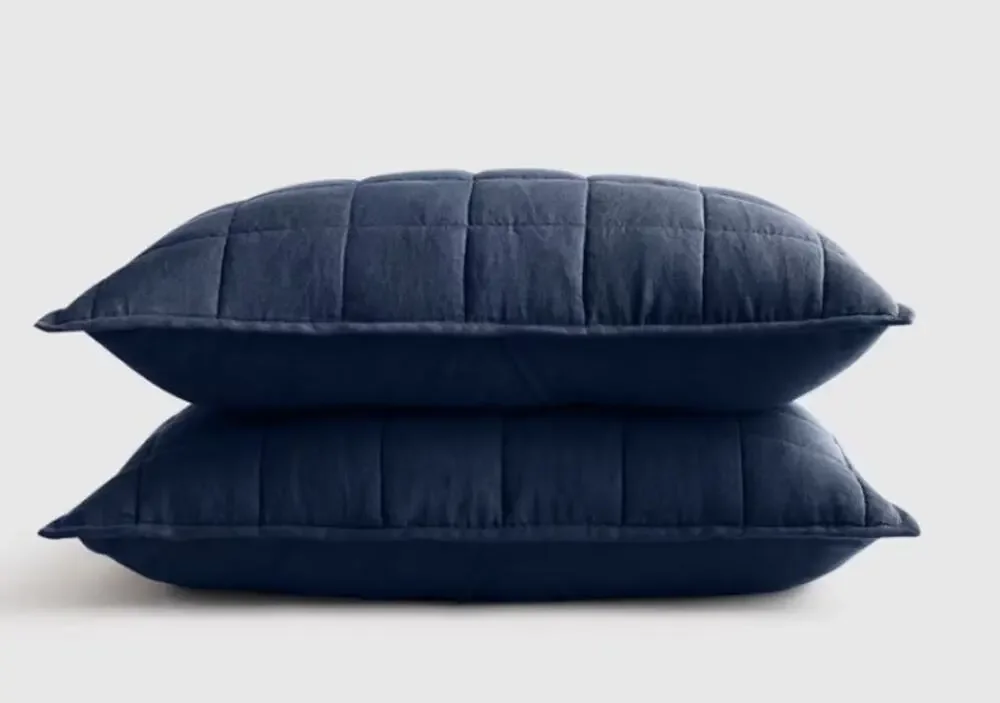 Quince Sham Set Navy Blue European Linen Box Quilted NEW